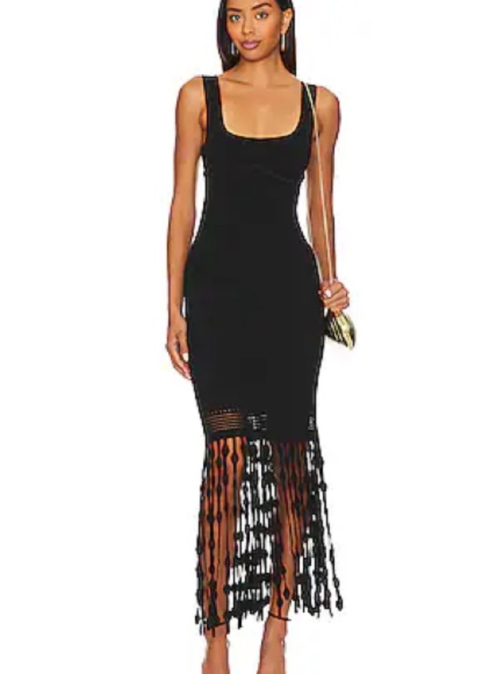 SIMKHAI Women’s Black Fringe Hem Knit Maxi Dress